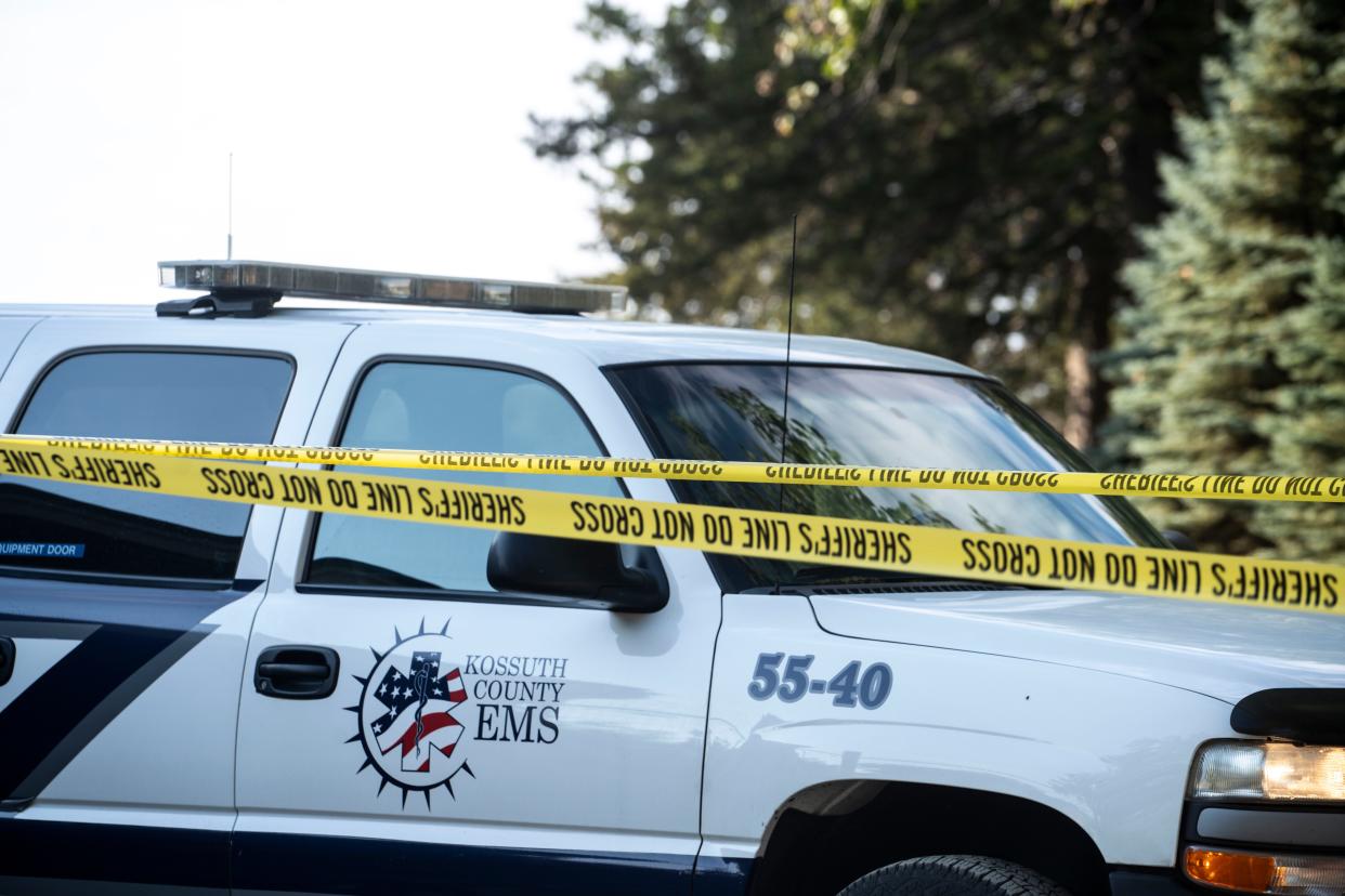 Kossuth County EMS vehicles are at the scene of an officer-involved shooting north of the Kossuth County Fairgrounds on South Minnesota Street on Thursday, September 14, 2023 in Algona.