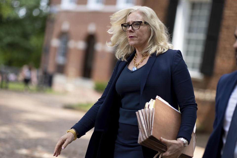 Henrico Commonwealth's Attorney Shannon Taylor exits the Albemarle County Circuit Court in Charlottesville, Va., Tuesday, June 4, 2024. The trial of Jacob Joseph Dix, 29, got underway with jury selection. The case will provide the first test of a 2002 Virginia law that makes it a felony to burn something to intimidate and cause fear of injury or death. Lawmakers passed the law after the state Supreme Court ruled that a cross-burning statute used to prosecute Ku Klux Klan members was unconstitutional. (AP Photo/Ryan M. Kelly)