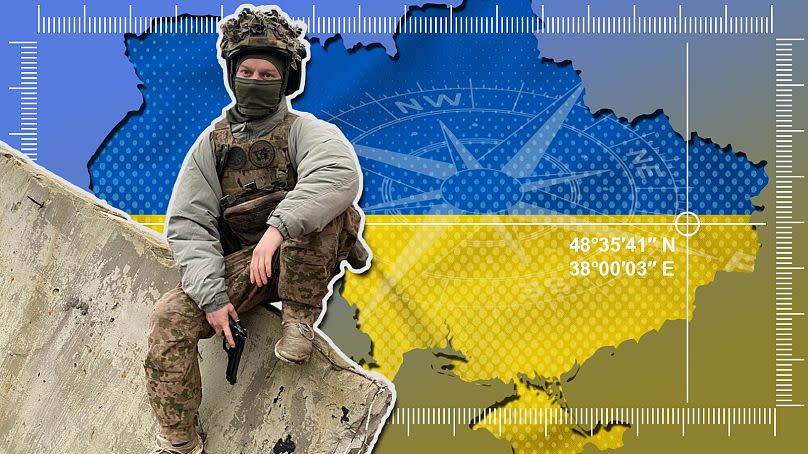 Composite image showing Ukraine map and flag, with compass, and Finnish soldier 'Hobbit'