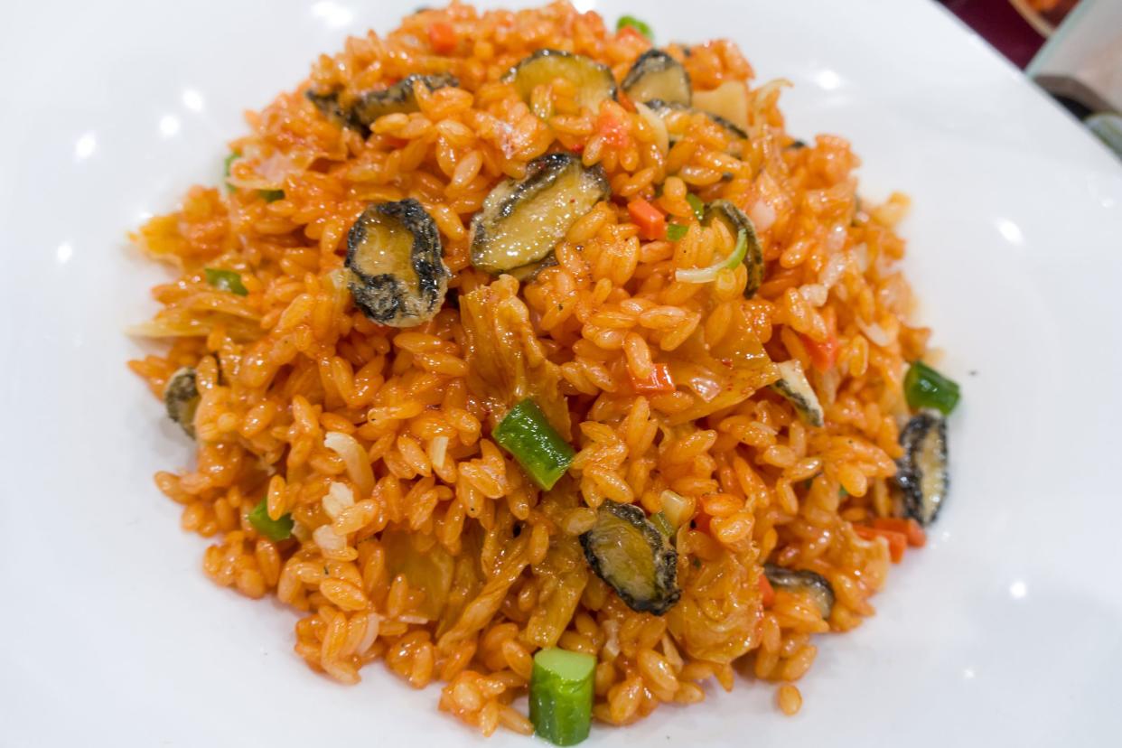 kimchi fried rice with seaweed and white sesame