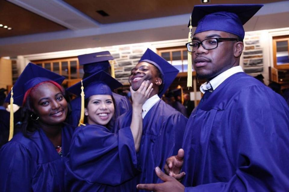 Northern High School graduates clown around during their 2016 commencement at Cameron Indoor Stadium.