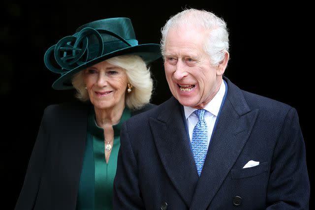 <p>Chris Jackson/Getty Images</p> Queen Camilla and King Charles attend Easter church at Windsor Castle on March 31, 2024