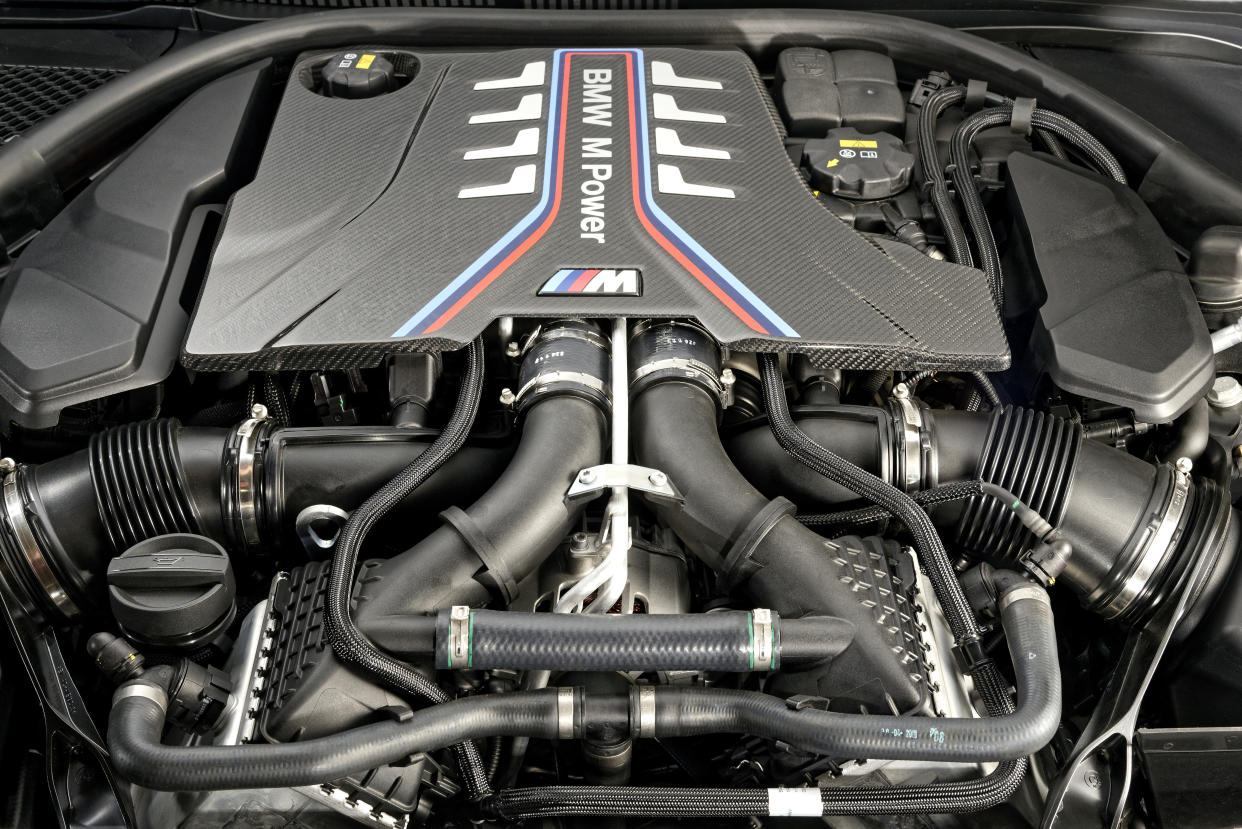 A 4.4-litre twin-turbocharged V8 resides under the M8's bonnet