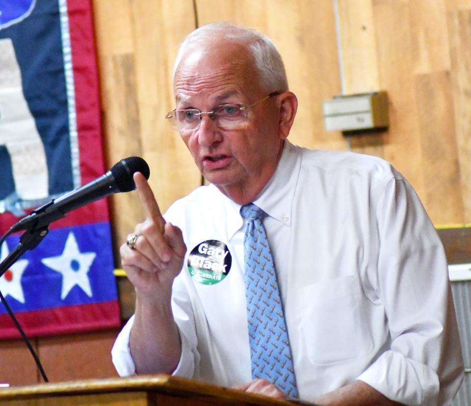 Georgia Agriculture Commissioner Gary Black makes a point during his Oct. 14 speech at the Republican Party Middle 12th Congressional District BBQ at the Cadillac Ranch in Sylvania. Black is running in 2022 for the U.S. Senate seat currently held by Democrat Rev. Raphael Warnock.