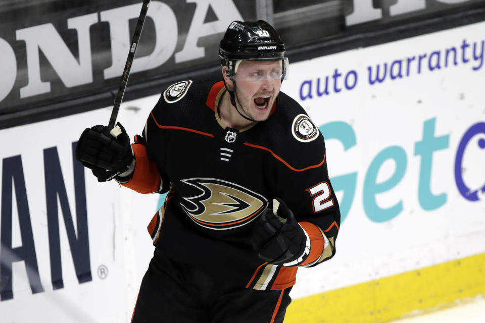 Anaheim Ducks left wing Nicolas Deslauriers celebrates his goal against the Minnesota Wild during the second period of an NHL hockey game in Anaheim, Calif., Wednesday, Jan. 20, 2021. (AP Photo/Alex Gallardo)