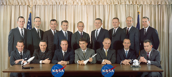 (1963) The first two groups of astronauts selected by the National Aeronautics and Space Administration (NASA). The original seven Mercury astronauts, selected in April 1959, are seated left to right, L. Gordon Cooper Jr., Virgil I. Grissom, M. Scott Carpenter, Walter M. Schirra Jr., John H. Glenn Jr., Alan B. Shepard Jr. and Donald K. Slayton. The second group of NASA astronauts, named in September 1962 are, standing left to right, Edward H. White II, James A. McDivitt, John W. Young, Elliot M. See Jr., Charles Conrad Jr., Frank Borman, Neil A. Armstrong, Thomas P. Stafford and James A. Lovell Jr. (Photo by: HUM Images/Universal Images Group via Getty Images)