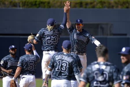 Mar 31, 2019; San Diego, CA, USA; San Diego Padres right fielder Wil Myers (right) and shortstop Fernando Tatis Jr. (23) celebrate a 3-1 win over the San Francisco Giants with teammates at Petco Park. Mandatory Credit: Jake Roth-USA TODAY Sports