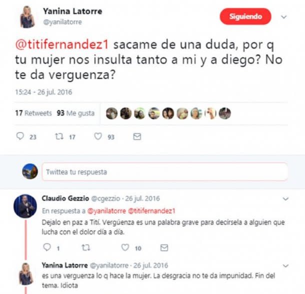 Dos de los tuits de Latorre contra Titi Fernández y su mujer. Foto: captura Twitter.