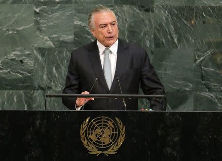Brazilian President Michel Temer addresses the 72nd United Nations General Assembly at U.N. headquarters in New York, U.S., September 19, 2017. REUTERS/Lucas Jackson