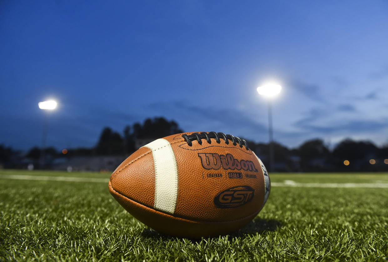 Cumru twp., PA - October 9: A football on the sidelines before the start of the game. A football on the sidelines before the start of the game. High School football, the Exeter Eagles vs the Gov. Mifflin Mustangs in Cumru Friday night October 9, 2020. Gov. Mifflin won 56-14. (Photo by Ben Hasty/MediaNews Group/Reading Eagle via Getty Images)