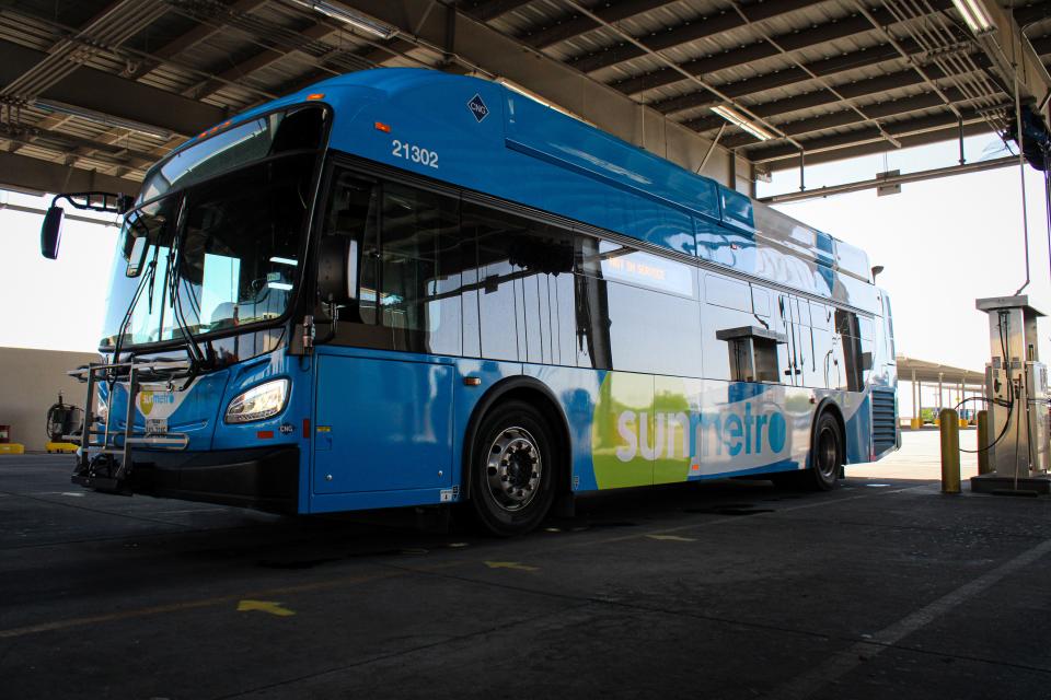 One of Sun Metro's buses, all powered by compressed natural gas (CNG), is seen at the Sun Metro hub on Montana Avenue.