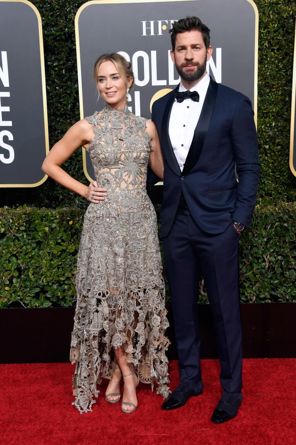 <h1 class="title">Emily Blunt in custom Alexander McQueen and John Krasinski in Brunello Cucinelli</h1><cite class="credit">Photo: Getty Images</cite>