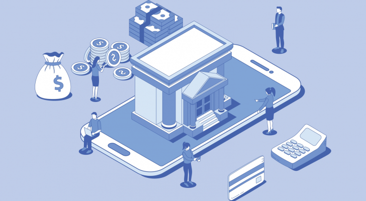 An image of a cellphone with a bank on top, surrounded by people and piles of money, a credit card and calculator. fintech stocks