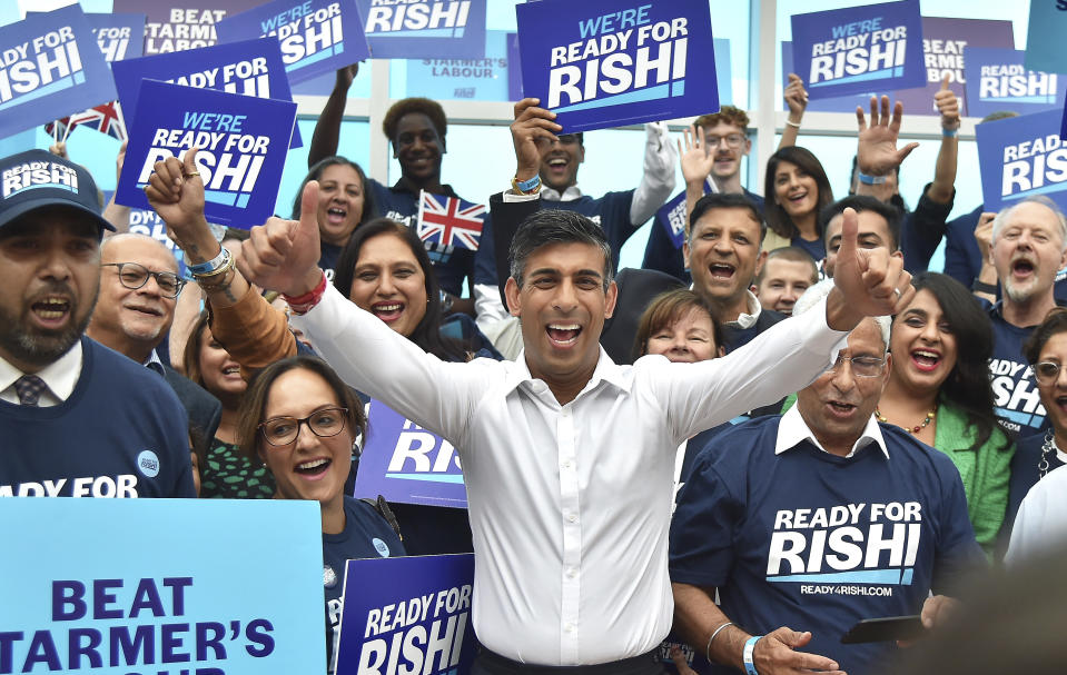 FILE - Rishi Sunak meets supporters as he arrives to attend a Conservative Party leadership election hustings at the NEC, Birmingham, England, Tuesday, Aug. 23, 2022. Voters in more than 50 countries that are home to half the world’s population are eligible to vote in elections in 2024. (AP Photo/Rui Vieira, File)