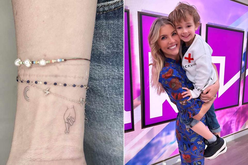 <p>Amanda Kloots/ Instagram</p> Amanda Kloots tattoo of handshake with her son Elvis.