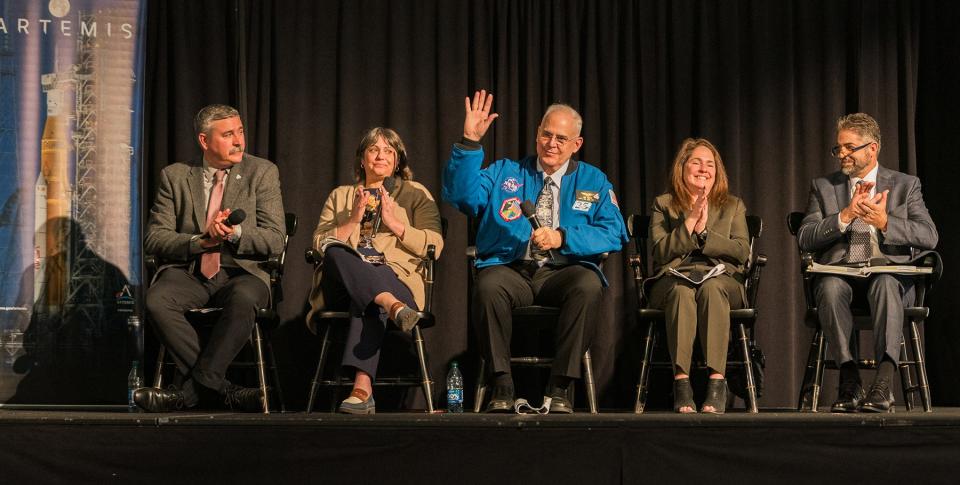 Panelists, from left: Mike Sarafin, Artemis mission manager, NASA; Kristin Morgan, assistant manager SLS, Liquid Engines Office, NASA; Lee Morin, NASA astronaut (and UNH alum); Rosemary Sargent, Artemis II mission manager, Orion Spacecraft, Lockheed Martin; and Richard Taylor, senior electrical design engineering manager, Jacobs.