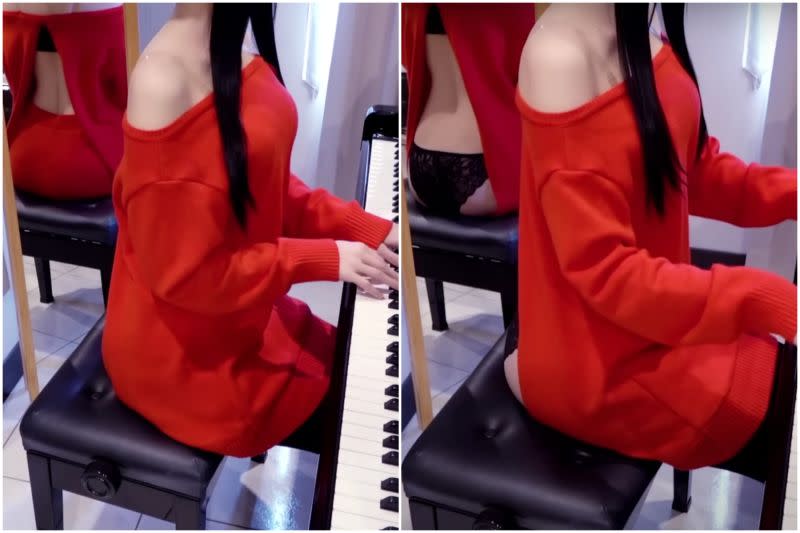 ▲原先穿著較保守，但影片隨著節奏的變換做轉場後，Pan Piano的紅色褲子瞬間消失，透過後方鏡子反射，能看到下半身僅剩一條黑色蕾絲內褲，性感腰身一覽無遺。（圖/Pan Piano YT）