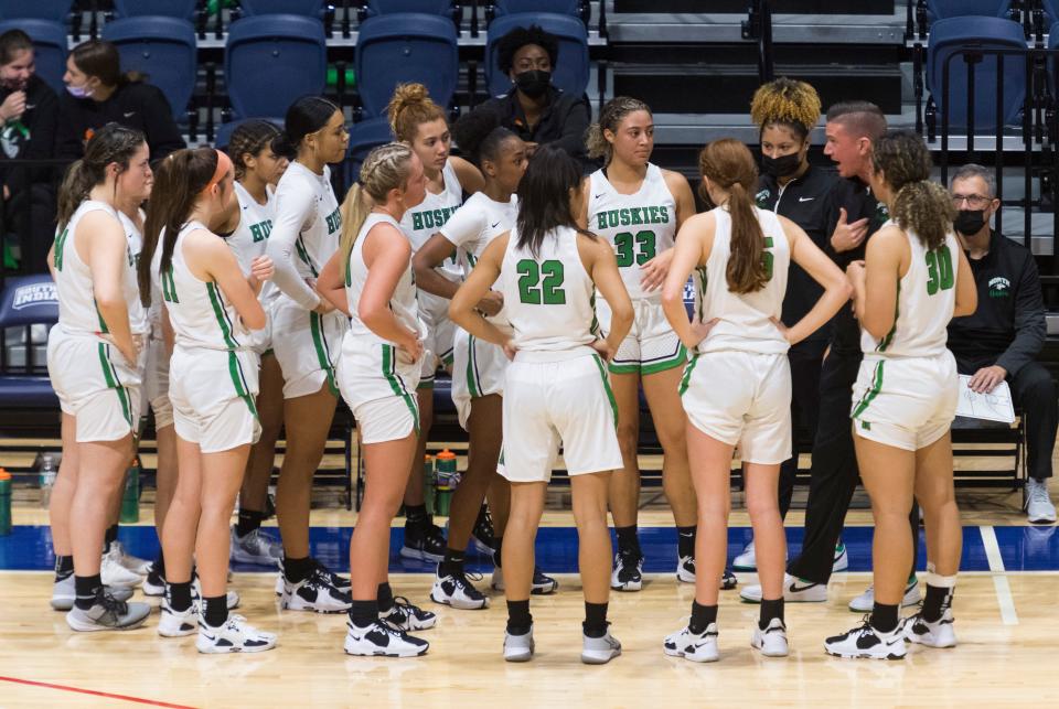 North Head Coach Tyler Choate gives direction during a timeout as the North Lady Huskies play the Silver Creek Lady Dragons during the United Fidelity Bank River City Showcase at the University of Southern Indiana’s Screaming Eagles Arena in Evansville, Ind., Saturday morning, Dec. 4, 2021. 