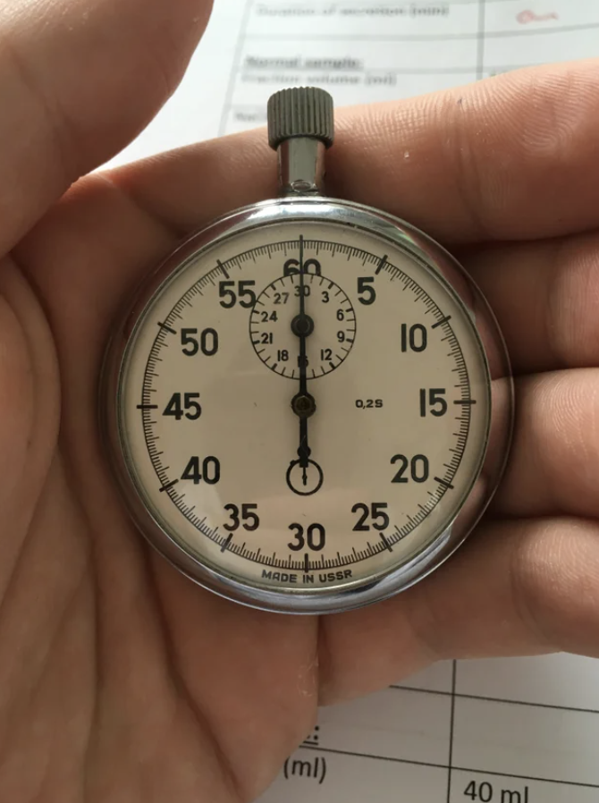 Close-up of a stopwatch with "Made in USSR" on it