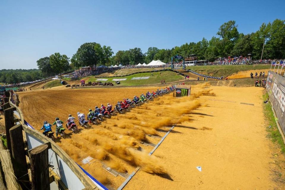 Competitors blast off the starting gate at a Motocross event in Budds Creek MX Park in Maryland earlier this year.