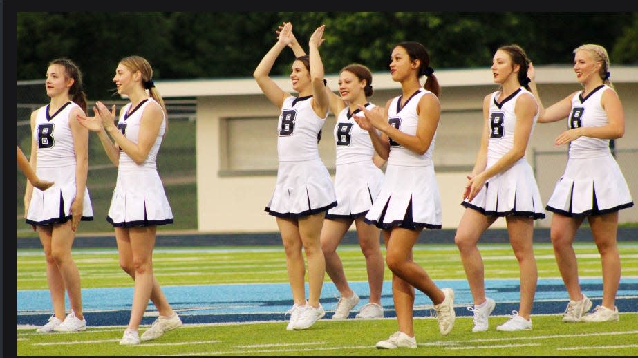 Bartlesville High cheerleaders perform at halftime during Thursday's spring football game on May 25, 2023, at Custer Stadium.