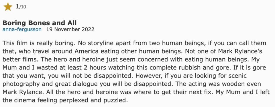 1 star IMDB review for "Bones And All"