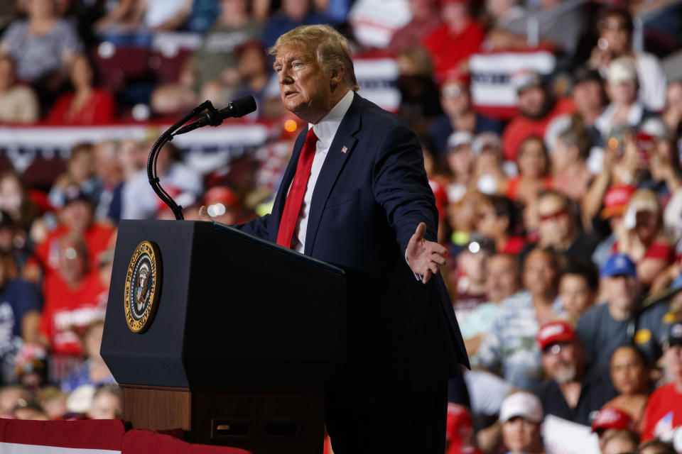 President Donald Trump speaks during a campaign rally at the Santa Ana Star Center, Monday, Sept. 16, 2019, in Rio Rancho, N.M. (AP Photo/Evan Vucci)