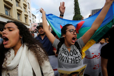 Demonstrators take part in a sit-in against the sentence of Moroccan court after jailing Moroccan activist and the leader of "Hirak" Nasser Zefzafi and number of other activists, in Rabat, Morocco June 27, 2018. REUTERS/Youssef Boudlal