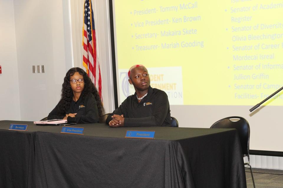 TCC graduating student Makaira Skeete (left) sits during a TCC Student Government Association general body meeting.