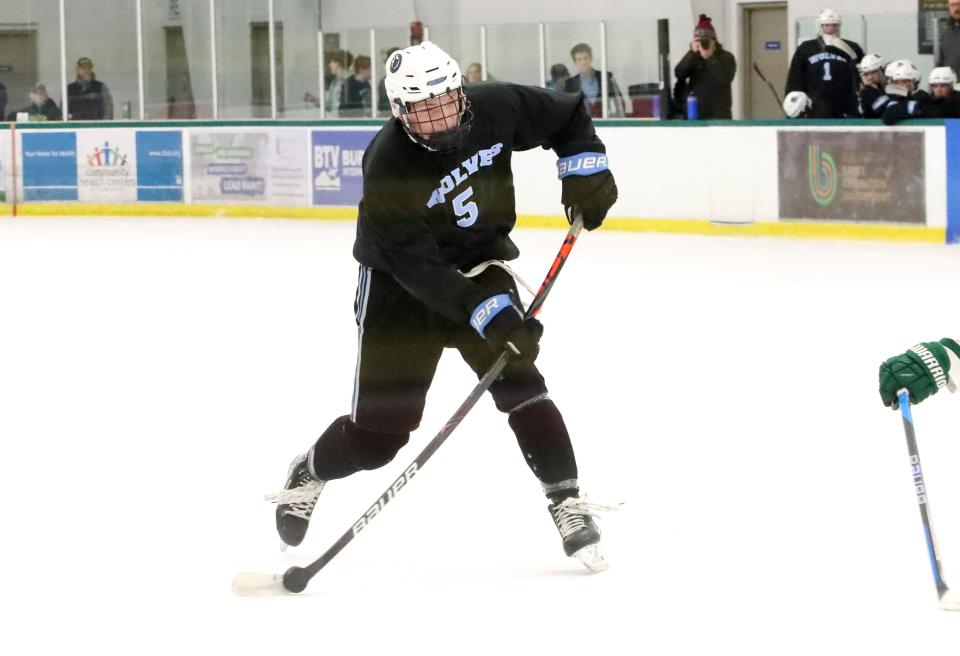 South Burlington's Lucas Van Mullen fires a shot on goal during the Wolves 3-2 loss to Rice in the championship game of the Beech Classic at Leddy Arena on Thursday night.