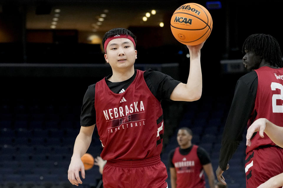 Nebraska guard Keisei Tominaga practices for the team's first-round college basketball game in the NCAA Tournament, Thursday, March 21, 2024, in Memphis, Tenn. (AP Photo/George Walker IV)