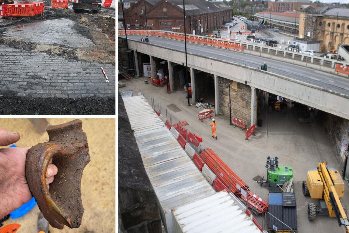 Main image, left - the site of the Queen Street Bridge demolition. Top left: the brick pavement that was found. Bottom left,  broken pottery found at the site <i>(Image: York Archaeology)</i>
