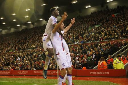 Football - Liverpool v Crystal Palace - Barclays Premier League - Anfield - 8/11/15 Crystal Palace's Scott Dann celebrates scoring their second goal with Wilfried Zaha (L) Action Images via Reuters / Lee Smith