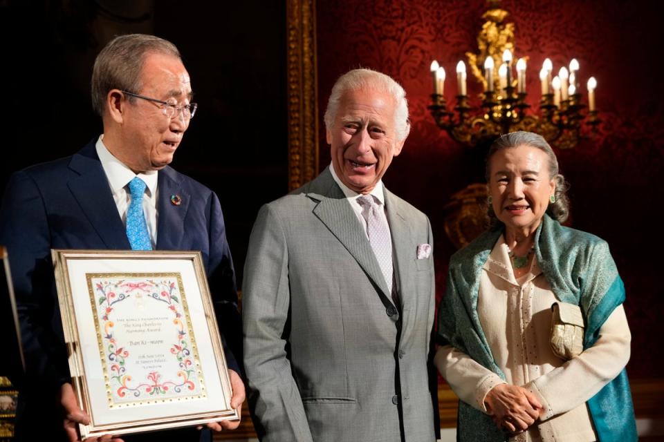 King Charles III (centre) presents the Harmony Award to Ban Ki-moon (left), the former United Nations Secretary General, at the King's Foundation charity's inaugural awards at St James's Palace (Kirsty Wigglesworth/PA Wire)