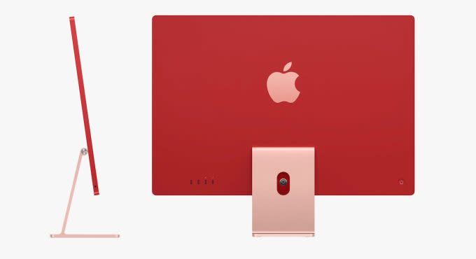 back and side views of red 2021 Apple iMac