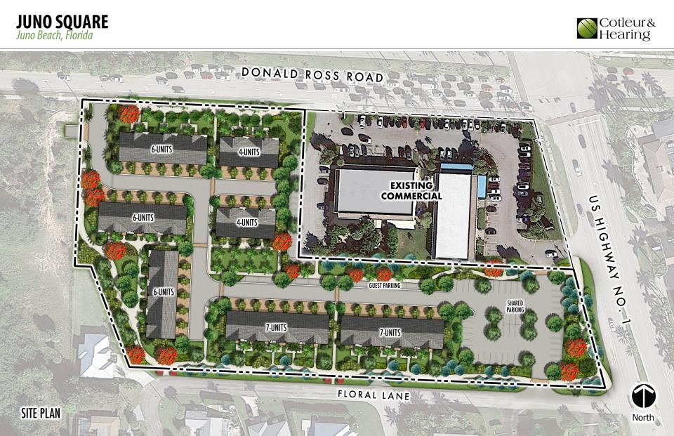The proposed Juno Square townhomes would encircle two existing buildings at Donald Ross Road and U.S. 1 in Juno Beach. If approved, the development would bring 40 residences expected to sell for $1 million or more. Editor's note: Floral Drive at the bottom of the map is incorrectly named as Floral Lane.