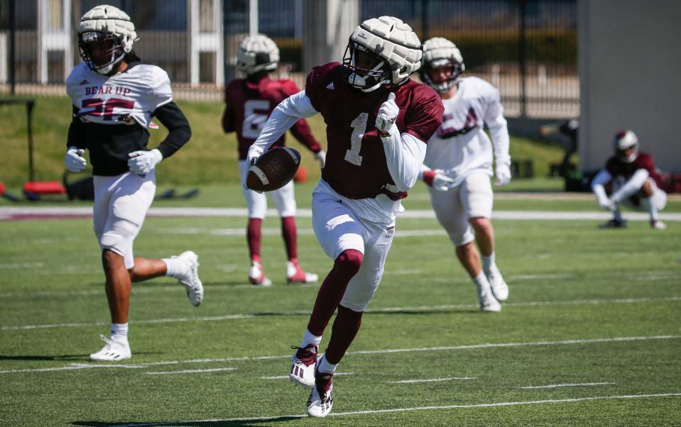 Jordan Jones runs a drill during the Missouri State football practice at Plaster Stadium on Saturday, March 26, 2022.