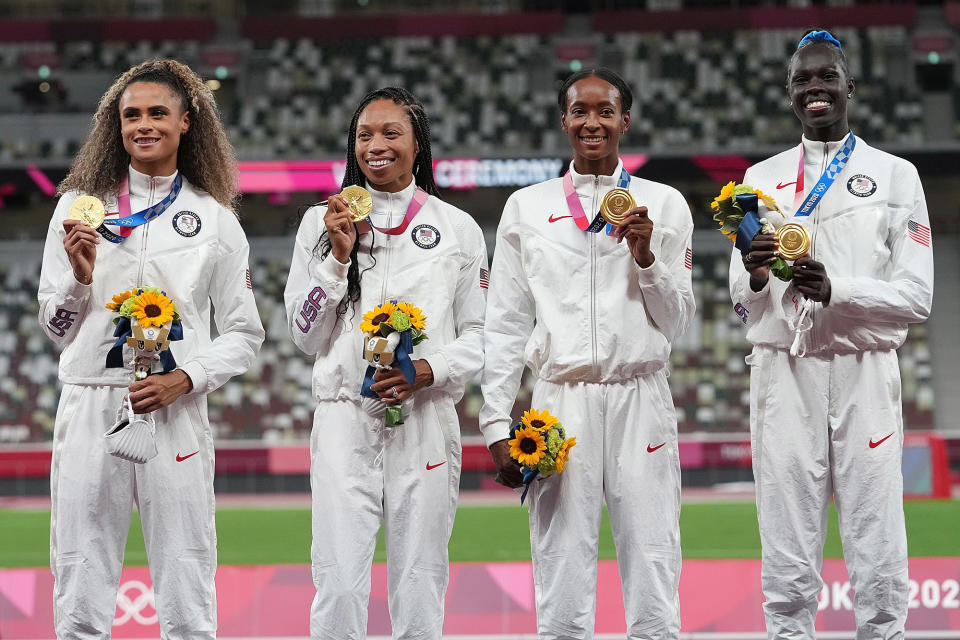 <p>Biography: Sydney McLaughlin, Allyson Felix, Dalilah Muhammad and Athing Mu</p>