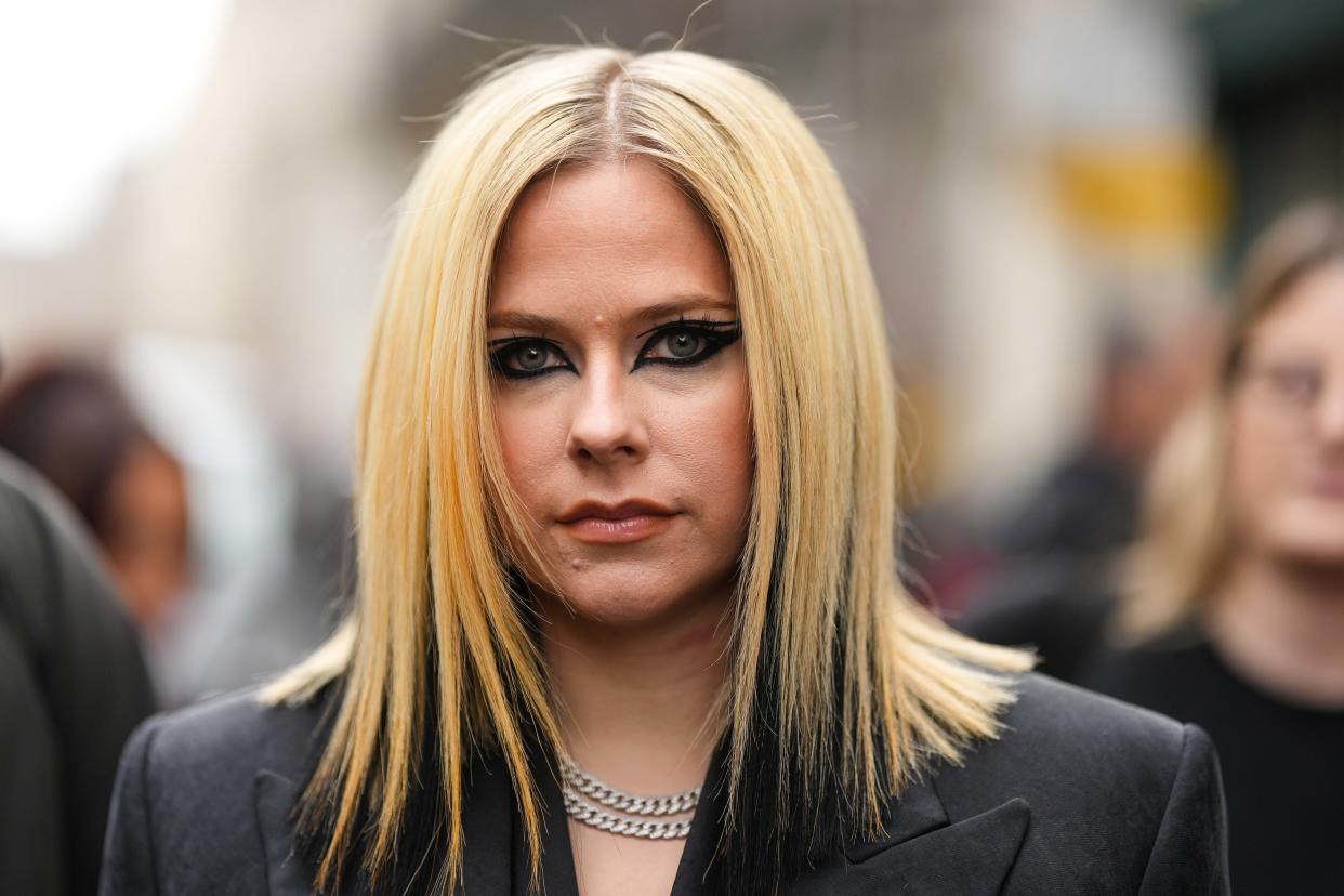 PARIS, FRANCE - MARCH 05: Avril Lavigne is seen during the Paris Fashion Week -  Womenswear Fall Winter 2023 2024 : Day Seven on March 05, 2023 in Paris, France. (Photo by Edward Berthelot/Getty Images)