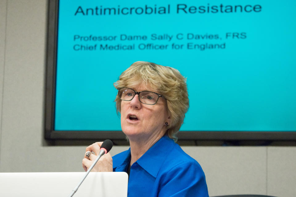 UN HEADQUARTERS, NEW YORK, NY, UNITED STATES - 2016/06/07: Dame Sally Davies speaks with the press, explaining the origins and mechanisms of transmission of anti-microbial resistance. The Permanent Mission of the United Kingdom to the United Nations convened a press briefing at UN Headquarters in New York City on anti-microbial resistance diseases and threats to global health posed by them featuring Lord ONeill, Chair of a Review of Anti-Microbial Resistance (AMR). Professor Dame Sally Davies, the Chief Medical Officer for England. (Photo by Albin Lohr-Jones/Pacific Press/LightRocket via Getty Images)