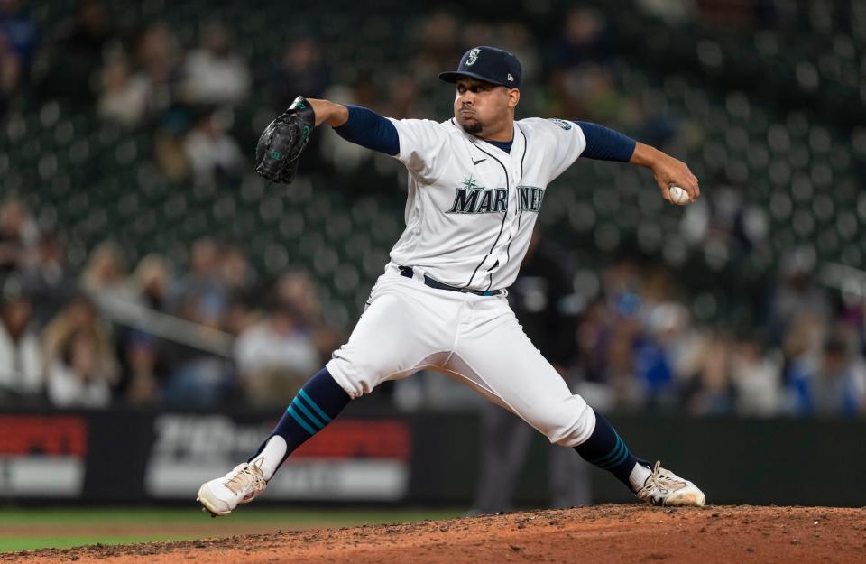 Seattle Mariners reliever Justus Sheffield (33) delivers a pitch against the Arizona Diamondbacks on Sept. 11, 2021, in Seattle.