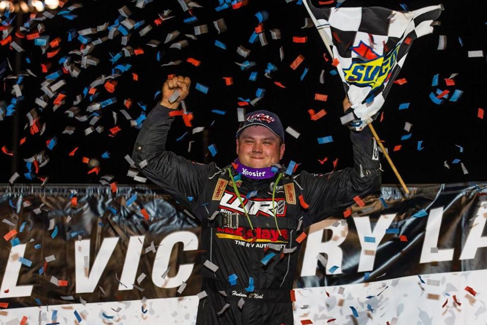 Martinsville native Hudson O'Neal celebrates after a thrilling victory in Iowa in the Lucas Oil Late Model Dirt Series.