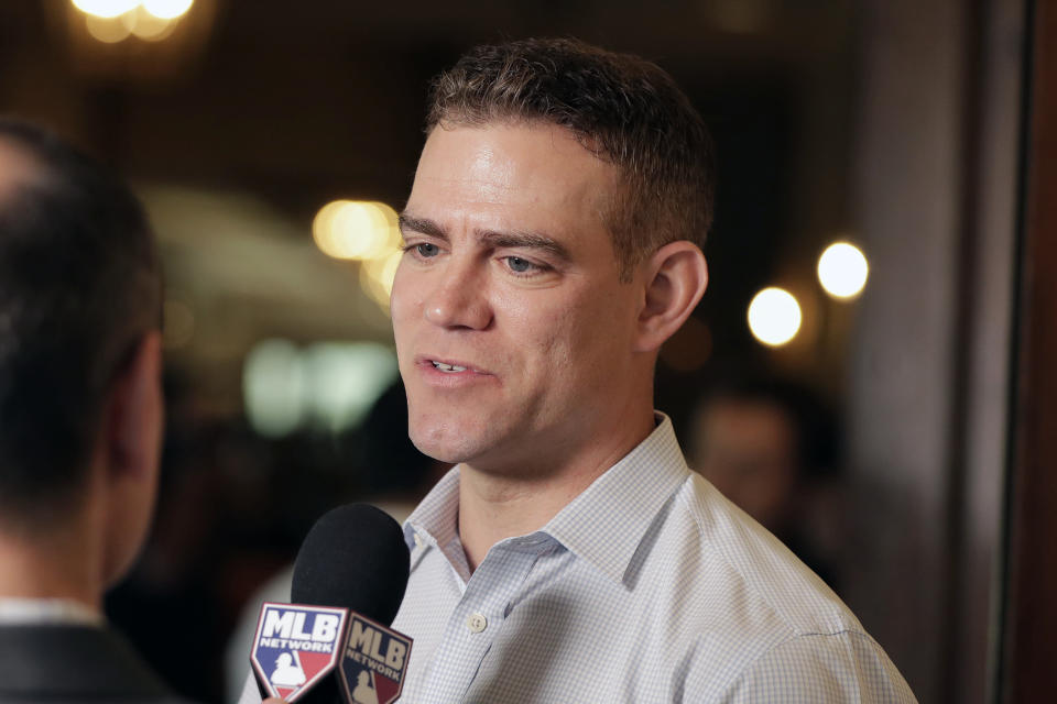 Chicago Cubs president of baseball operations Theo Epstein speaks at a media availability during the Major League Baseball general managers annual meetings, Wednesday, Nov. 13, 2019, in Scottsdale, Ariz. (AP Photo/Matt York)