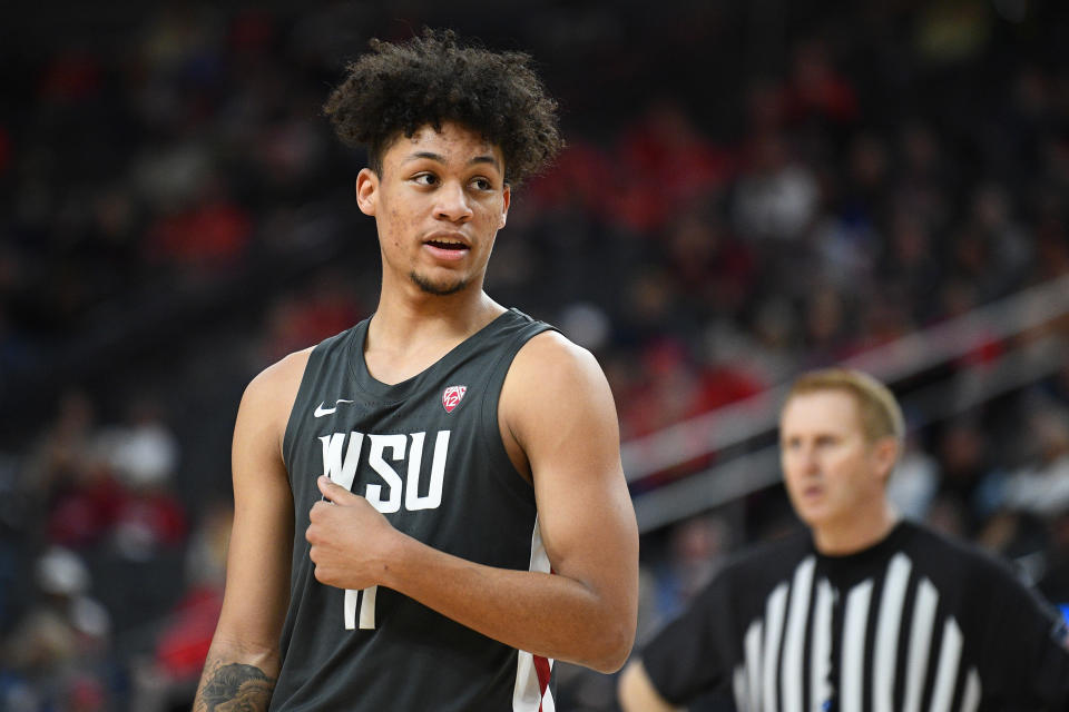 LAS VEGAS, NV - MARCH 11: Washington State forward DJ Rodman (11) looks on during the first round game of the men&#39;s Pac-12 Tournament between the Colorado Buffaloes and the Washington State Cougars on March 11, 2020, at the T-Mobile Arena in Las Vegas, NV. (Photo by Brian Rothmuller/Icon Sportswire via Getty Images)