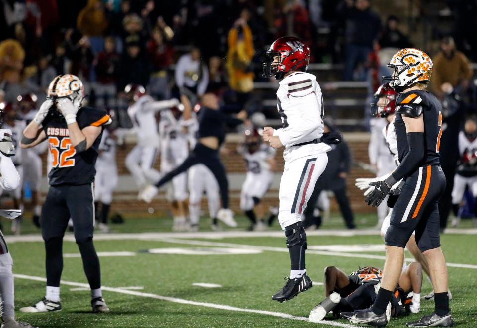 Wagoner's Ethan Muehlenweg (18) celebrates his game-winning field goal next to Conner Morlen (62) and Lane Yaunt (2) during the Class 4A football state championship between Cushing and. Wagoner at Chad Richison Stadium in Edmond, Okla., Saturday, Dec., 3, 2022. 