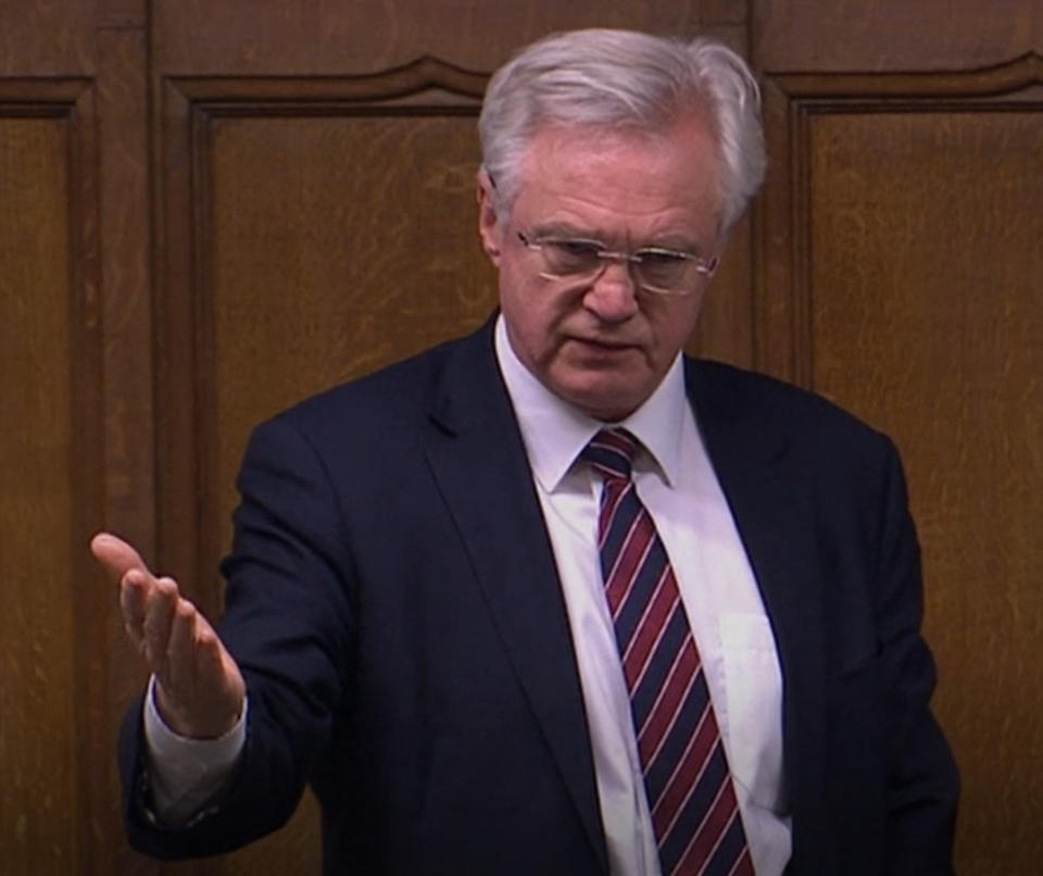 Screen grab of Conservative MP David Davis during second reading of the Coronavirus Bill in the House of Commons.