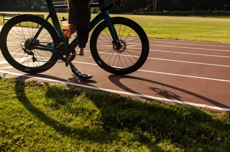 Carson Clough trains for the Paralympics triathlon at Alexander Graham Middle School in Charlotte, N.C., on Saturday, July 6, 2024.