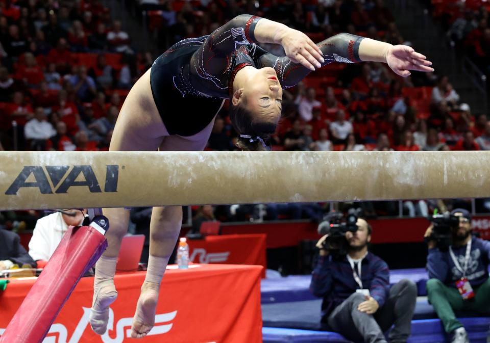 Utah’s Makenna Smith starts her beam routine as the Utah Red Rocks compete against Oregon State in a gymnastics meet at the Huntsman Center in Salt Lake City on Friday, Feb. 2, 2024. Utah won. | Kristin Murphy, Deseret News