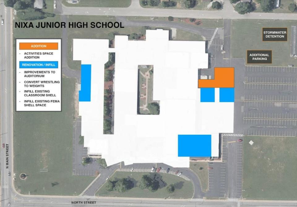 A rendering provided by Nixa Public Schools shows the location of a proposed addition and renovations at the junior high.