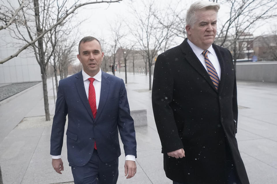 Former Delta Air Lines pilot Jonathan J. Dunn, left, walks with his attorney following his first federal court appearance Thursday, Jan. 4, 2024, in Salt Lake City. Dunn, who was the first officer, or co-pilot, threatened to shoot the captain during a heated argument in the cockpit over whether to change course to accommodate a passenger's medical issue. (AP Photo/Rick Bowmer)